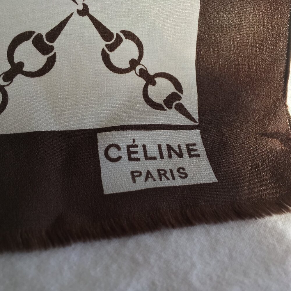 Vintage Celine of Paris Silk Long Scarf - Brown and Off-White/Cream - Picture 2 of 5